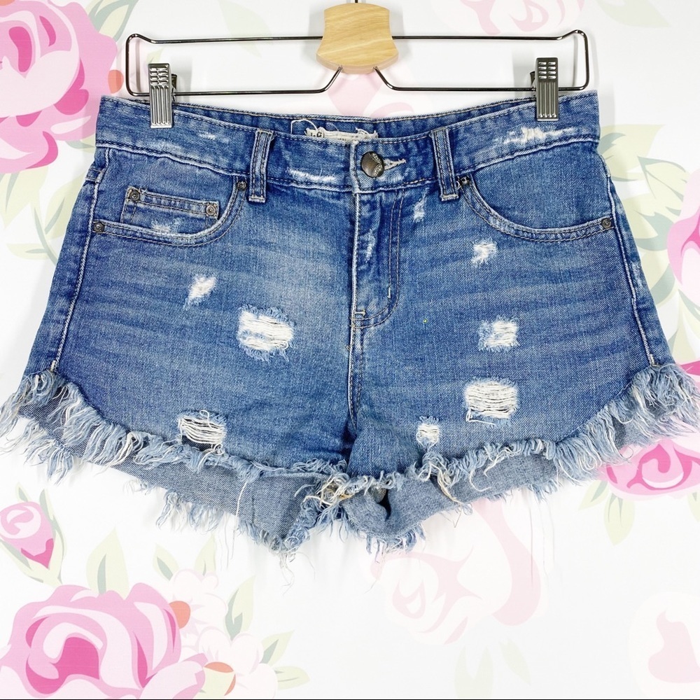 Free People Medium Wash Distressed Denim Jean Shorts 26